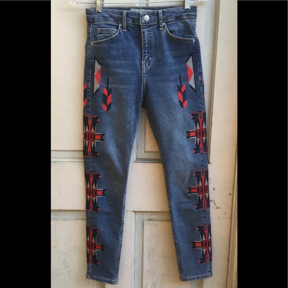 Topshop High-Rise Blue Jeans with Red & Black Aztec Embroidery
